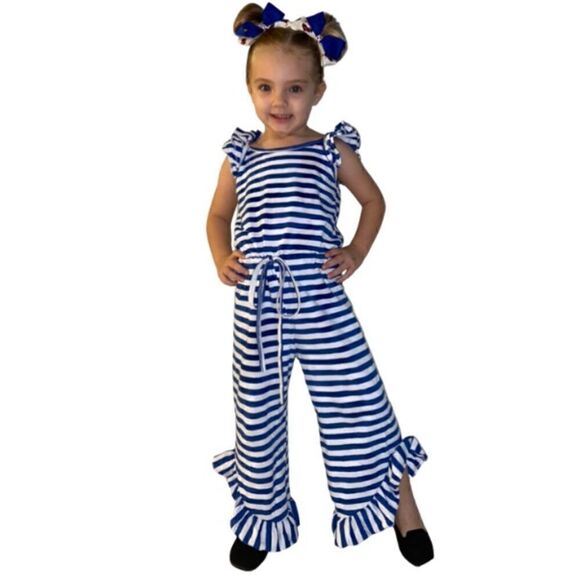 61. Girls Blue/White Stripe Drawstring romper NWT - Picture 2 of 2